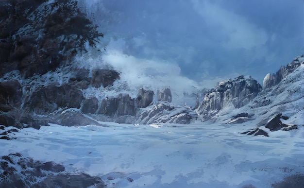 Fantastic winter epic landscape of mountains frozen nature mystic valley gaming rpg background