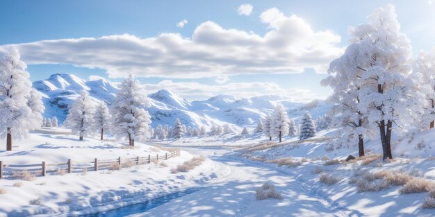 写真 素晴らしい冬の風景と 雪の森へと導く 歩き散らばった道