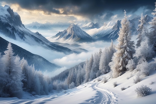 Fantastic winter landscape Dramatic overcast sky Creative collage Beauty world