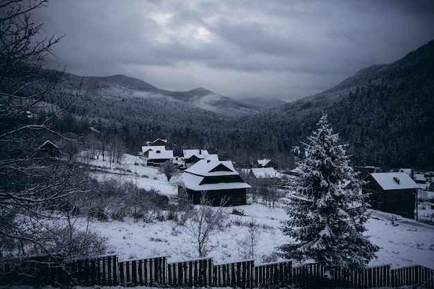 Fantastic winter landscape. Dramatic overcast sky. Creative collage. Beauty world.