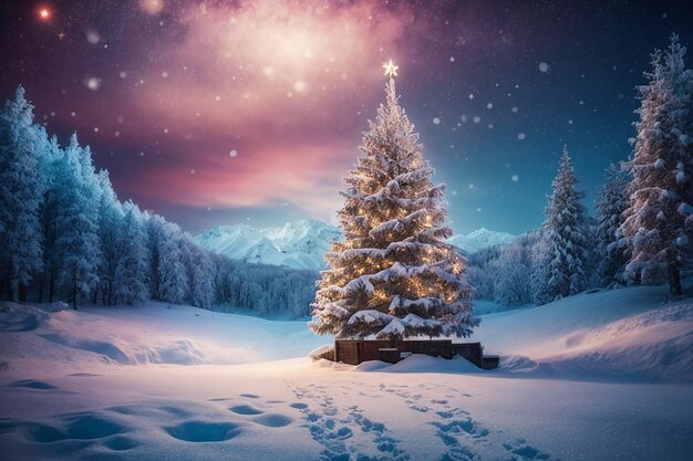 Fantastic winter landscape green christmas tree mountain background with snow and stars night sky