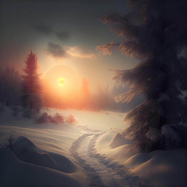 Фантастический зимний пейзаж Восход солнца в заснеженном лесу 3d рендеринг