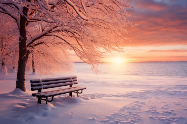 해가 지는 동안 환상적인 겨울 풍경 태양빛으로 빛나는 다채로운 하늘 극적인 겨울 풍경 생성 AI 일러스트레이션