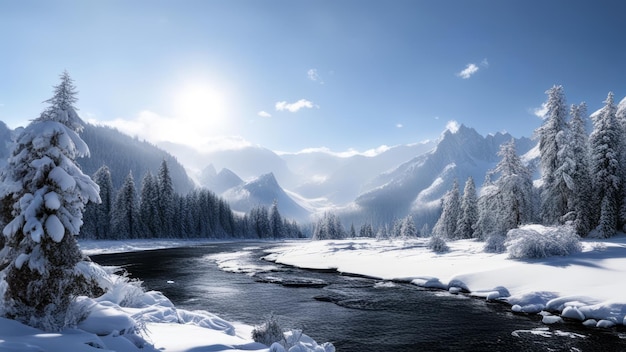 Foto fantastico paesaggio invernale con abeti coperti di neve e fiume di montagna