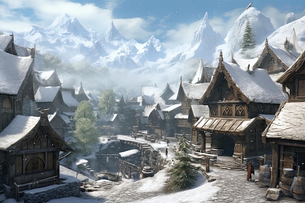 Fantastic winter landscape with snowcapped mountains and wooden houses AI Generated