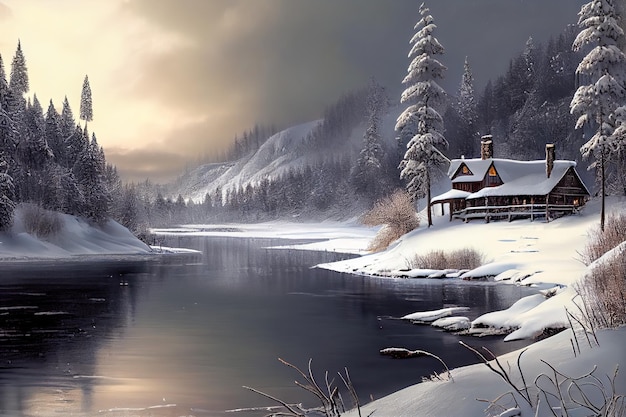 Фантастический зимний пейзаж со снежными елями и деревянным домом в горах Generative AI