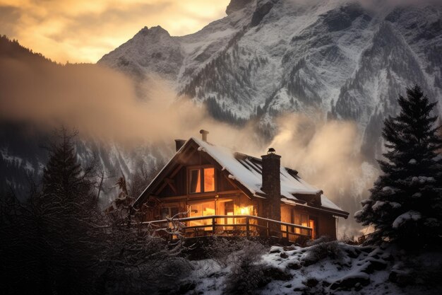 Fantastic winter landscape with wooden house in snowy mountains Christmas and winter vacations holiday concept Generative AI