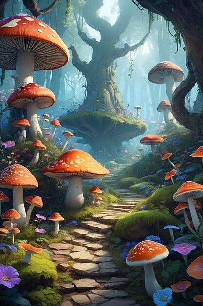 Fantastic wonderland forest landscape with mushrooms and flowers ai generative