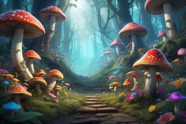 Fantastic wonderland forest landscape with mushrooms and flowers ai generative