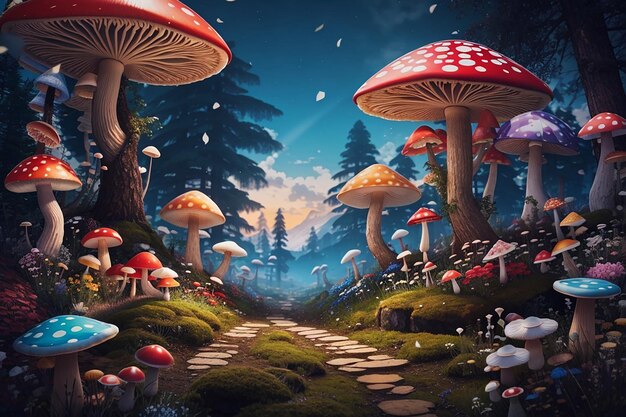 fantastic wonderland forest landscape with mushrooms and flowers