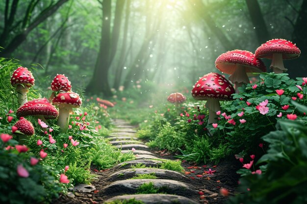 Fantastic wonderland forest landscape with mushrooms and flowers