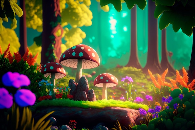 Fantastic wonderland forest landscape with mushrooms and flowers