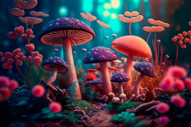 Fantastic wonderland forest landscape with mushrooms and flowers