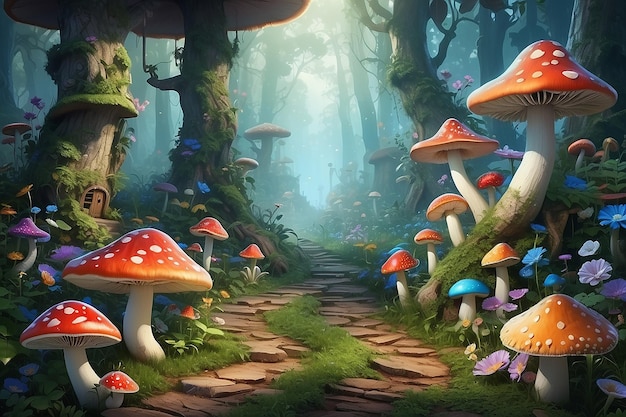 Photo fantastic wonderland forest landscape with mushrooms and flowers