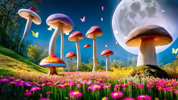 버섯과 꽃이 있는 환상적인 원더랜드 풍경