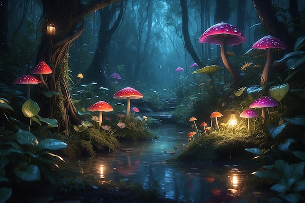 Fantastic world of mushrooms Glowing mushrooms inthe rainsoaked night forest