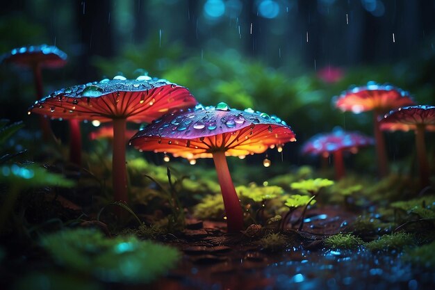 Fantastic world of mushrooms Glowing mushrooms inthe rainsoaked night forest