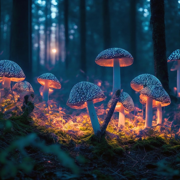 Fantastic world of mushrooms Glowing mushrooms in the night forest Night landscape ai generated