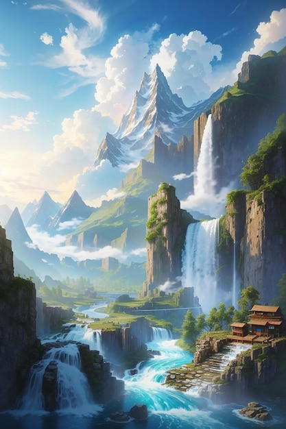 Photo a fantastic world were sky waterfall and mountain are in sky all the river are pretty
