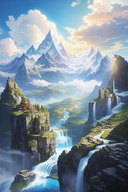Photo a fantastic world were sky waterfall and mountain are in sky all the river are pretty