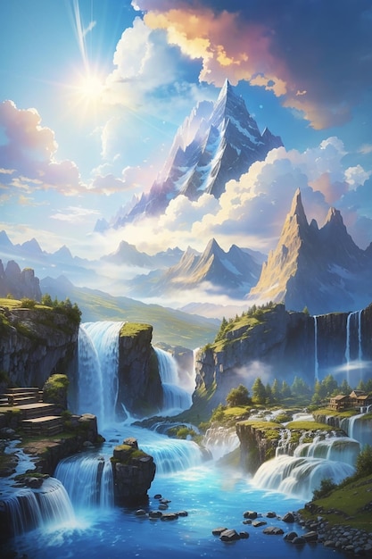 a fantastic world were sky waterfall and mountain are in sky all the river are pretty