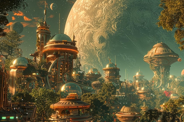 Fantastical Alien Cityscape with Futuristic Architecture and Large Moon in the Background Science