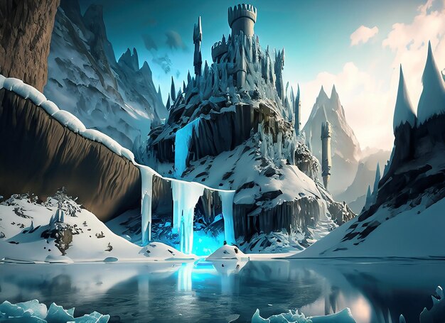 A fantastical alpine world with towering ice castles and a frozen waterfall creatures of ice and sno...