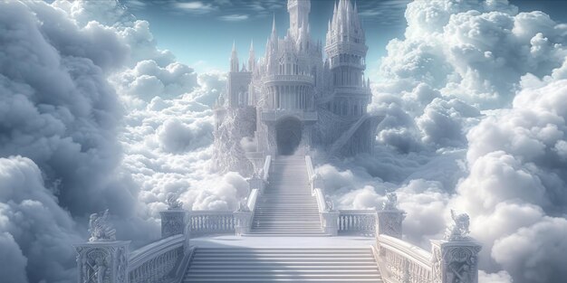 A fantastical castle in the clouds with a grand staircase leading up to it