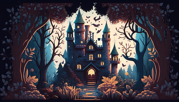 A fantastical castle under the moonlight digital art illustration