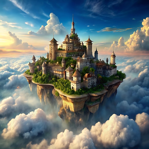 Photo a fantastical city built on a floating island in the clouds