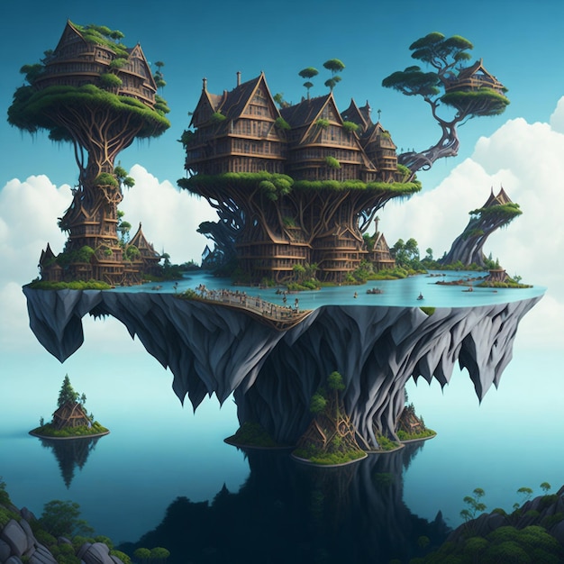 Фантастический плавучий остров с плавучими деревьями и домом.