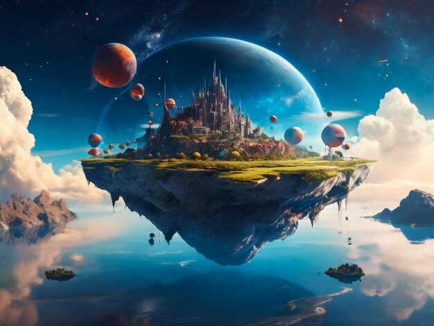 Photo fantastical floating islands in cosmic space resplendent