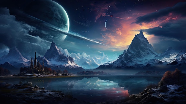 Фантастическая иллюстрация величественных заснеженных гор с видом на спокойное озеро Погрузитесь в очаровательную красоту этого фантастического пейзажа