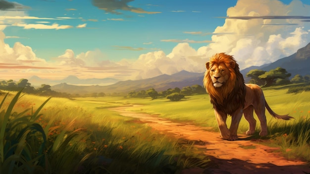 Fantastical Lion Animation Een prachtige 2D Game Art Landschap achtergrondpapier