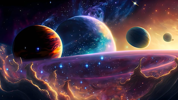 фантастическая космическая сцена с вращающимися галактиками, сверкающими звездами и величественными планетами
