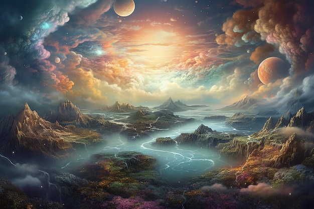 Fantastical Planet with Swirling Clouds and Colorful Landscape Created with Generative AI