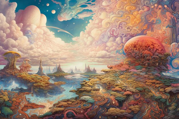 소용돌이치는 구름과 제너레이티브 AI로 만든 다채로운 풍경이 있는 환상적인 행성