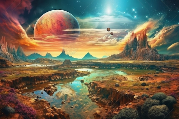 소용돌이치는 구름과 제너레이티브 AI로 만든 다채로운 풍경이 있는 환상적인 행성