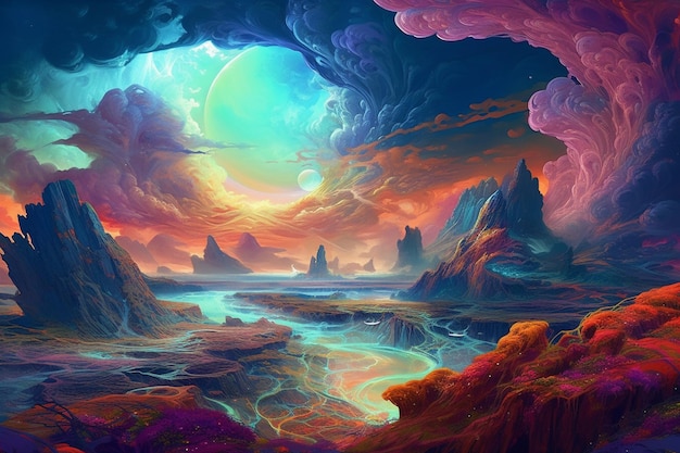 Fantastical Planet with Swirling Clouds and Colorful Landscape Created with Generative AI