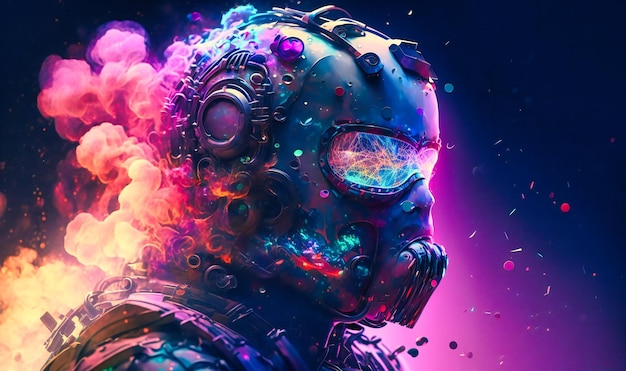 A fantastical portrait of a robot bursts with color as if the cosmos itself exploded into a stunning digital canvas