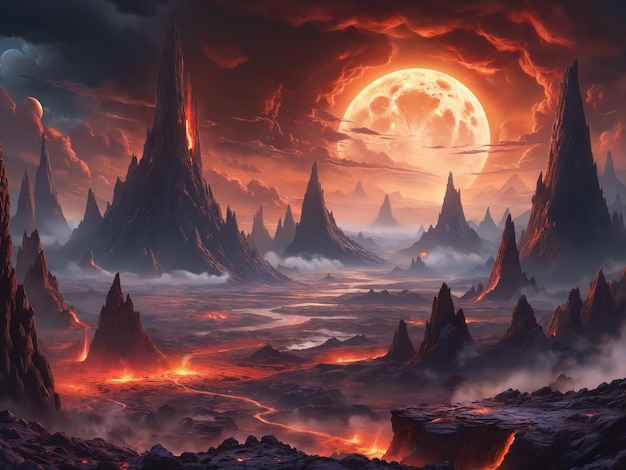 A fantastical scene of a alien landscape with a large glowing moon in the sky The terrain is covered in rocks and sand giving the impression of a barren and desolate environment