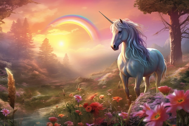 虹の下の草原で放牧しているユニコーンの幻想的なシーン その角はエーテルな光で輝き 新年の到来を魔法のように祝います