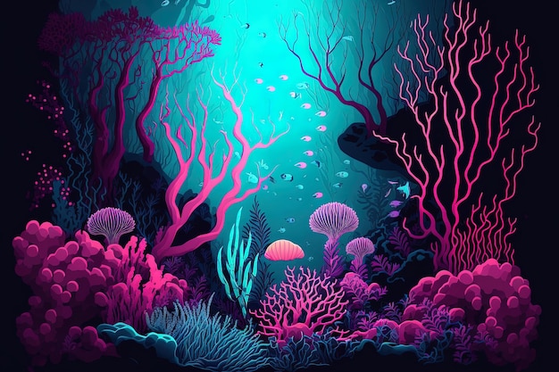 Photo fantastical seabed scene with brightly colored algae and plants