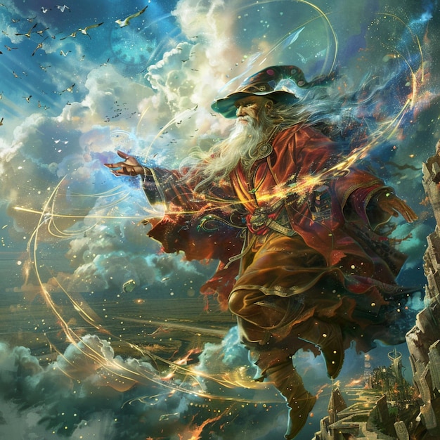 a fantastical wizards zenith wandering as high as possible with spinning energies