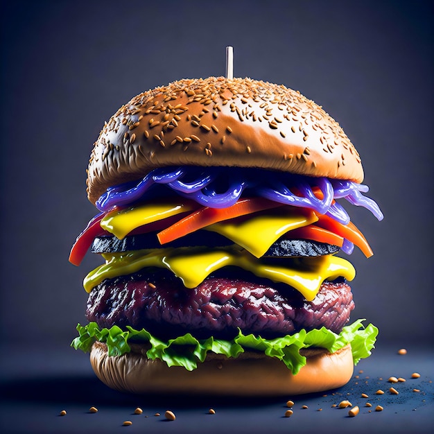 Fantastically juicy appetizing hamburger on a black background Art created by a neural network