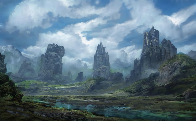 Fantastisch episch magisch landschap van bergen zomer natuur mystiek bos gaming rpg achtergrond