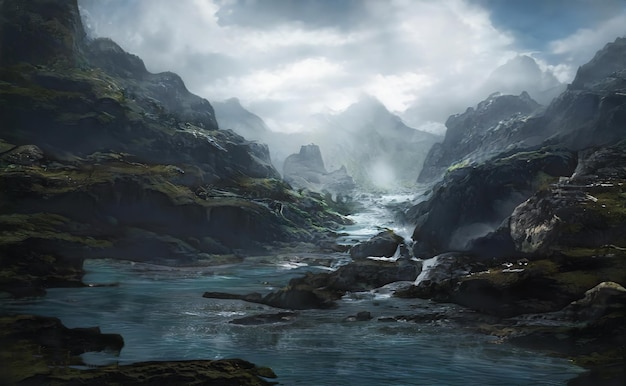 Fantastisch episch magisch landschap van bergen zomer natuur mystieke bos gaming rpg achtergrond