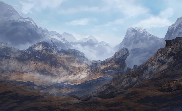 Fantastisch episch magisch landschap van bergen zomer natuur mystieke bos gaming rpg achtergrond