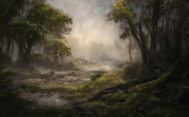 Fantastisch episch magisch landschap zomer natuur mystiek bos gaming rpg achtergrond