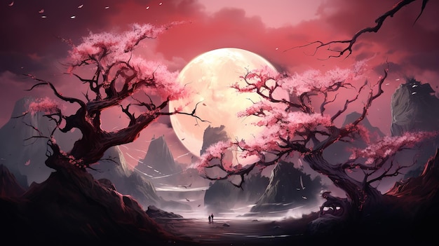 Fantastisch landschap roze neon maan sakura takken ruimte achtergrond met boom in Japanse stijl